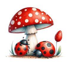 two ladybugs sitting on the ground next to a mushroom