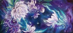 a painting of flowers and stars in the night sky with purple hues on blue background