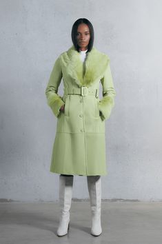 Women's Shearling Leather Trench Coat In Lime Green Leather Shorts Women, Short Leather Skirts, Leather Jumpsuit, Shearling Vest, Sheepskin Jacket, Studded Jacket, Distressed Jacket, Western Jacket, Coats Women