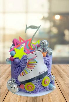 Birthday cake, neon, disco, roller skate theme Roller Skate Shaped Cake, Roller Birthday Party, Roller Skating Birthday Cakes, Birthday Cake Neon, Roller Skate Birthday Cake, Skate Birthday Cake, Rollerskating Party, Skating Cake, Skate Cake