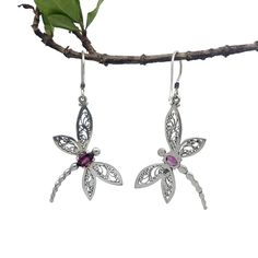 Dragonfly Silver Earring Embedded With Small Oval Stone/ 925 Sterling Silver/ Natural Stone/ Handmade Jewelry. - Etsy Elegant Sterling Silver Dragonfly Earrings, Silver Flower Bracelet, Dragonfly Earrings, Unique Bracelets, Rhodolite Garnet, Sterling Silver Flowers, Oval Stone, Flower Bracelet, Silver Earring