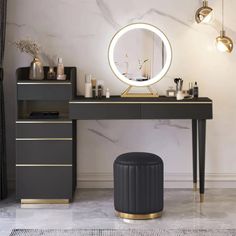 a vanity with a mirror, stool and lights on the wall next to it in a room