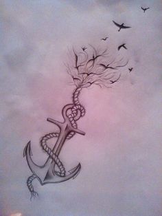 a drawing of an anchor with birds flying around it