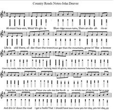 sheet music with words and notes for the song, country roads nobles - john denver