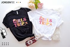 Get ready for your Girls Trip in style with this cute and trendy Girls Trip Shirt! Perfect for a Girls Weekend getaway with your favorite pals, this shirt is a must-have for making memories and having fun. Made from soft and comfy material, this shirt is not only stylish but also cozy to wear all day long. Stand out in a crowd and show off your squad spirit with this Girls Trip Shirt! * High quality and super soft, comfortable shirt. Made with top-of-the-line vinyl and pressed with a professiona Girls Trip Matching Outfits, Crew Neck T-shirt For Summer Sleepovers, Cute Graphic Print T-shirt For Sleepover, Short Sleeve Letter Print Tops For Sleepover, White Crew Neck T-shirt For Sleepover, Girls Weekend Shirts, Girls Weekend Getaway, Girls Trip Shirts, Vacay Mode