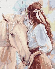 a painting of a woman leaning on a horse