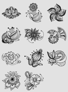 black and white floral designs on a gray background