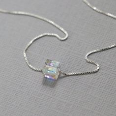 Swarovski Cube Necklace, Sterling Silver Layering Necklace, Bridesmaid Necklace Gift for Her Bridesmaid Jewelry Personalized Bridesmaid Gift Silver Crystal Necklace With Tiny Beads As A Gift, Minimalist Sterling Silver Crystal Necklace As Gift, Faceted Silver Crystal Necklace As Gift, Minimalist Faceted Crystal Necklace In Sterling Silver, Minimalist Nickel-free Sterling Silver Crystal Necklaces, Bridesmaid Necklace Gift, Cube Necklace, Bridal Party Jewelry, Layered Necklaces Silver