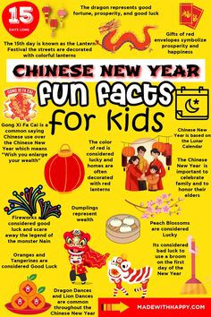 the chinese new year fun races for kids is shown in red and yellow with an orange background