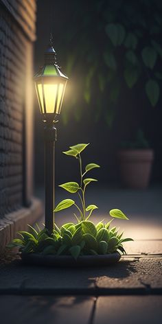 a light that is on some kind of pole in the ground with plants growing out of it