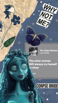 the corpse bride is depicted in this collage with flowers and butterflies above her head