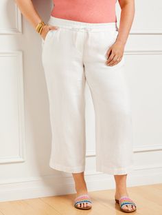 Your favorite wide leg pants silhouette in a chic cropped length. Made from airy linen fabric with easy pull-on styling. Features Drawstring Wide Leg Hits At Waist Crop Length Pull on closure Front Slash, Back Patch pockets Imported Fit: Misses: 24"; Petite: 21"; Plus: 24"; Plus Petite: 21" Material: 100% Linen Care: Machine Wash Cold; Only Non-Chlorine Bleach When Needed; Tumble Dry Low; Warm Iron, If Needed | Washed Linen Wide Leg Crop Pants Talbots Spring Linen Wide Leg Capris, Wide-leg Linen Capris With Elastic Waistband, Spring Wide-leg Linen Capris, Linen Capri Length Pants For Spring, Spring Linen Capri Pants, Spring Linen Capri Length Pants, Spring Linen Capri-length Pants, Linen Bottoms In Capri Length For Spring, Linen Capri-length Bottoms For Spring