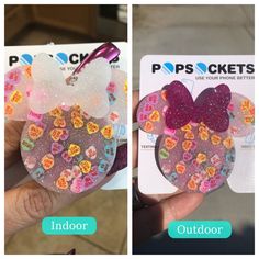 two pictures of the same mouse ears with different colors and designs on them, one is purple