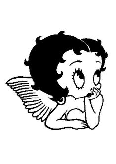 a black and white drawing of an angel with her hand on her chin, looking at the