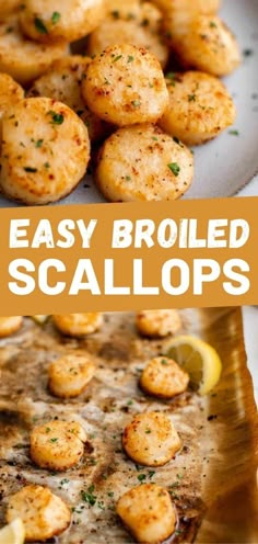 easy broiled scallops on a plate with lemon wedges