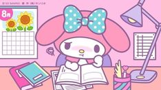 a cartoon character is reading a book at her desk