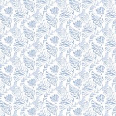 a blue and white wallpaper with sea shells on the bottom, in shades of light blue