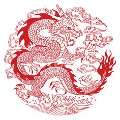 a red dragon on white background with waves and clouds in the shape of a circle