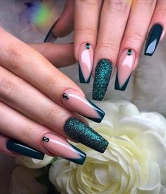 Elegant Green Nails Teal Acrylic Nails, Black Prom Nails, Teal Nail Designs, Teal Nails