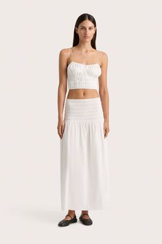 A delicate top, cropped just above the waist. Made from 100% organic cotton, it has dainty straps, adjustable in length, a gathered bust detail and channelled elastic waist. Offering significant stretch, it is a comfortable addition to your summer wardrobe. Pair with the Baia Skirt for a matching set. Midi Skirt White, Maxi Dress Sale, Faithfull The Brand, Skirt White, Top Cropped, Flared Skirt, White Crop Top, Event Dresses, White Skirts