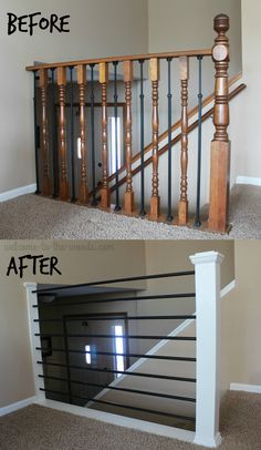 before and after pictures of a stair railing