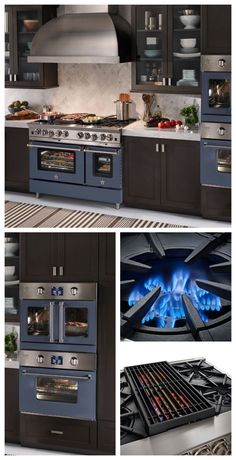 multiple pictures of different stoves and ovens in the same room, including one with blue flames