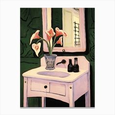 a painting of flowers in a vase sitting on a bathroom sink next to a mirror