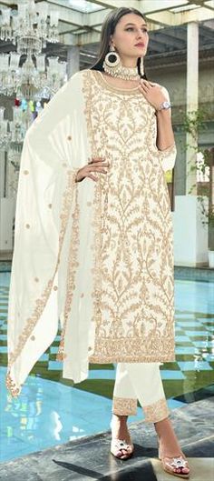 White and Off White color Salwar Kameez in Faux Georgette fabric with Embroidered work White Georgette Churidar For Reception, White Churidar In Georgette For Reception, White Churidar With Resham Embroidery For Reception, White Churidar With Intricate Embroidery For Formal Occasions, Formal White Churidar With Intricate Embroidery, White Churidar For Eid Reception, White Churidar For Reception Or Eid, White Churidar For Reception And Eid, White Semi-stitched Churidar For Reception