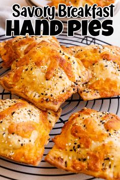 small pizzas on a wire rack with the words savory breakfast hand pies