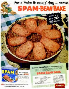 an advertisement for spam - bean bake from the 1950's, featuring meats and beans