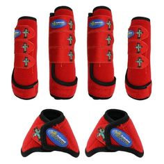 four pairs of red dog boots with blue and green crosses on them, all in different positions