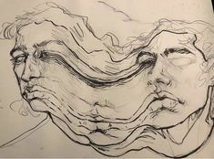 a drawing of two people's faces with wavy hair