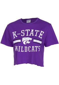 Let everyone know who you root for in this K-State Wildcats Purple Divine Short Sleeve T-Shirt! This K-State Wildcats Short Sleeve Tee features a distressed center front team name graphic. Crop length, Raw edge details, Ribbed collar, 65% Polyester/35% Cotton, 4 Collegiate Summer Tops For Cheerleading, Short Sleeve Cropped T-shirt With Letter Print For College, Cropped Short Sleeve Letter Print T-shirt For College, Cropped Short Sleeve T-shirt With Letter Print For College, Cropped Letter Print T-shirt For College, Sporty Short Sleeve Crop Top With Letter Print, Cropped Cotton T-shirt With Short Sleeves, Summer Short Sleeve Cheerleading Tops, Short Sleeve Tops For Cheerleading In Summer