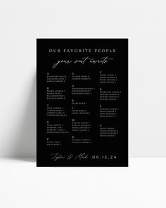 a black and white wedding seating card with the words our favorite people, your first date