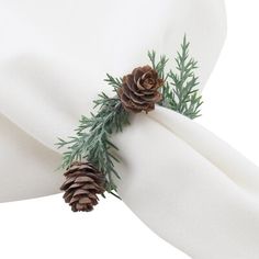 napkins with pine cones and evergreen needles on them are folded to form a ring