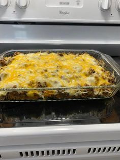 a casserole dish sitting on top of an oven