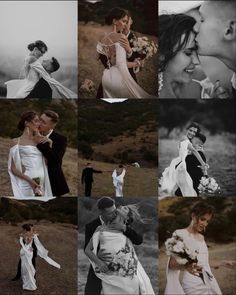 black and white wedding photo collages with bride and groom in the background, holding each other close together