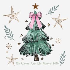 a christmas tree with a pink bow on it's top and stars around it