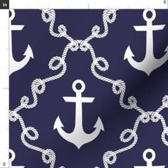 an anchor and rope pattern on a navy blue background with white outlines for wallpaper