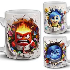 two mugs with cartoon characters on them, one is blue and the other is red