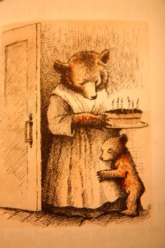 a drawing of a bear holding a cake with candles on it and another bear standing next to it