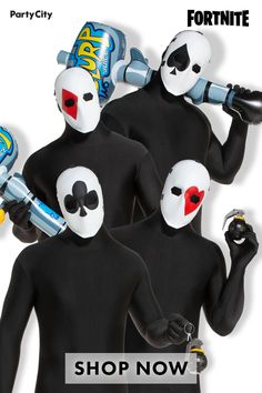 two men in black bodysuits with white masks