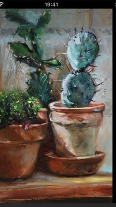 a painting of two potted plants on a table