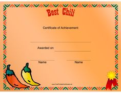 a certificate with two chili peppers and a bottle on the bottom one is red, green, yellow and orange