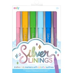 six different colored markers in a box with the words silver linings written on them