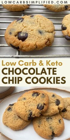 low carb and keto chocolate chip cookies on a white plate with text overlay