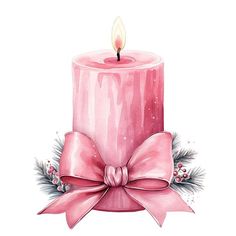 a watercolor painting of a pink candle with a bow on it's side