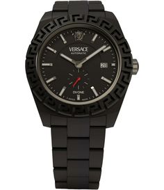 From Versace&#x2C; the Men's DV One Automatic Black Ceramic Bracelet Watch features: Black ceramic braceletDeployant closureBlack matte dial Three-hand date automatic movement Case size approx. 43mmWater resistance: 5 ATMSwiss made Imported. Designer Black Watches With Subdials, Designer Black Analog Watches, Luxury Black Watch With Skeleton Dial, Luxury Black Chronograph Watch With Date Indicator, Designer Black Watch With Skeleton Dial, Luxury Black Watches, Elegant Black Watch Bands With Date Indicator, Designer Black Watch With Metal Dial, Luxury Black Watches With Date Indicator