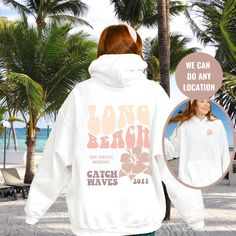 "Palm Beach Hoodie Trendy Sweatshirt Trendy Hoodies Aesthetic Hoodie Sorority pullover Trendy Sweatshirt Oversized  Thanksgiving Sweatshirt: https://etsy.me/3TbqsXn Christmas Sweatshirt: https://etsy.me/3dLRqo2 Christian shirts: https://etsy.me/3ANhUyw OUR SIZING IS ADULT UNISEX. This means it will be larger than normal women's sizing.  Please see photos for size charts 🌻 Please read the full description:   This hoodie/sweatshirt sizing is NOT oversized.  You need to order at least 1-2 sizes la White Letter Print Hoodie For Beach, White Hoodie With Letter Print For The Beach, Long Sleeve Hoodie For Beach Vacation, Long Sleeve Beach Hoodie, White Long Sleeve Hoodie For Beach, Beach Hoodie Sweatshirt With Letter Print, Beach Vacation Hoodie Sweatshirt, Trendy White Beach Hoodie, White Relaxed Fit Hoodie For Beach Season