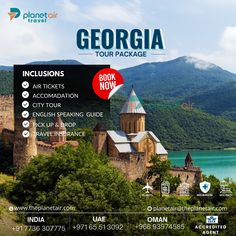 an advertisement for a tour package with mountains in the background and blue water below it